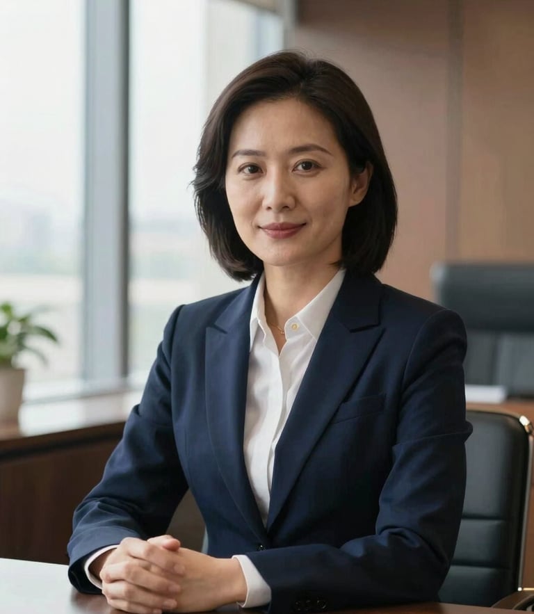 Editorial portrait of a sophisticated legal consultant in a modern high-end office, natural window light, deep navy accents, shallow depth of field, 35mm