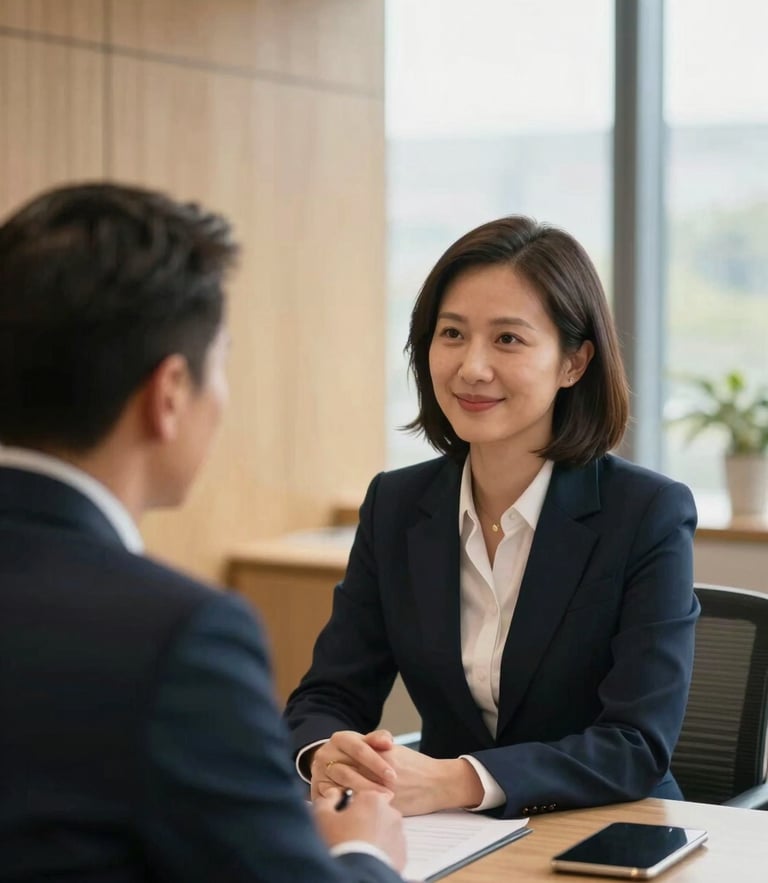 Professional legal consultant in focused warm interaction, sophisticated modern office interior, soft window light, 35mm