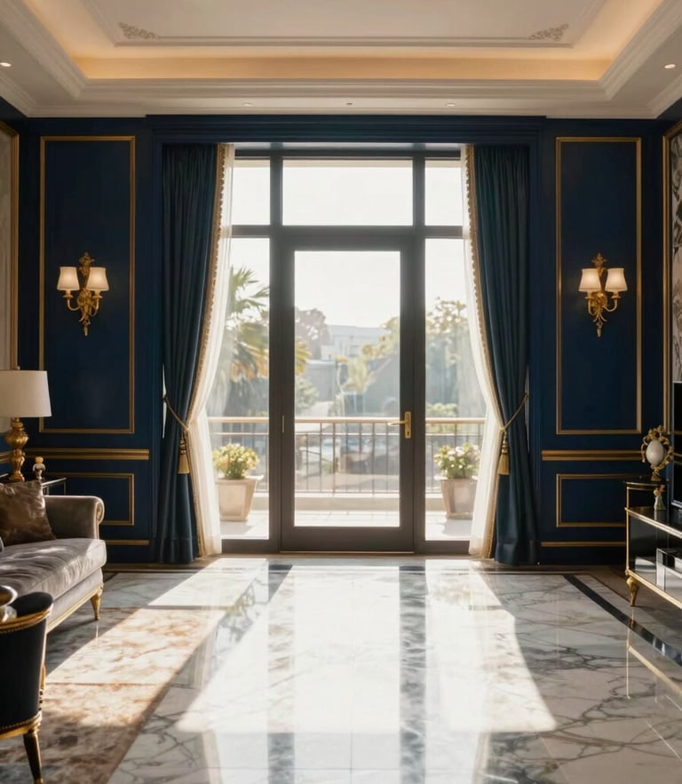 Symmetrical architectural shot of a sun-drenched luxury living room with polished marble floors, soft morning window light casting elegant shadows, rich navy and gold accents, 35mm lens