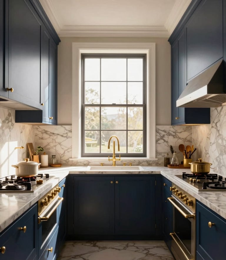 Symmetrical architectural shot of a sun-drenched luxury kitchen, polished marble countertops, warm morning light, brass fixtures, elegant navy accents.
