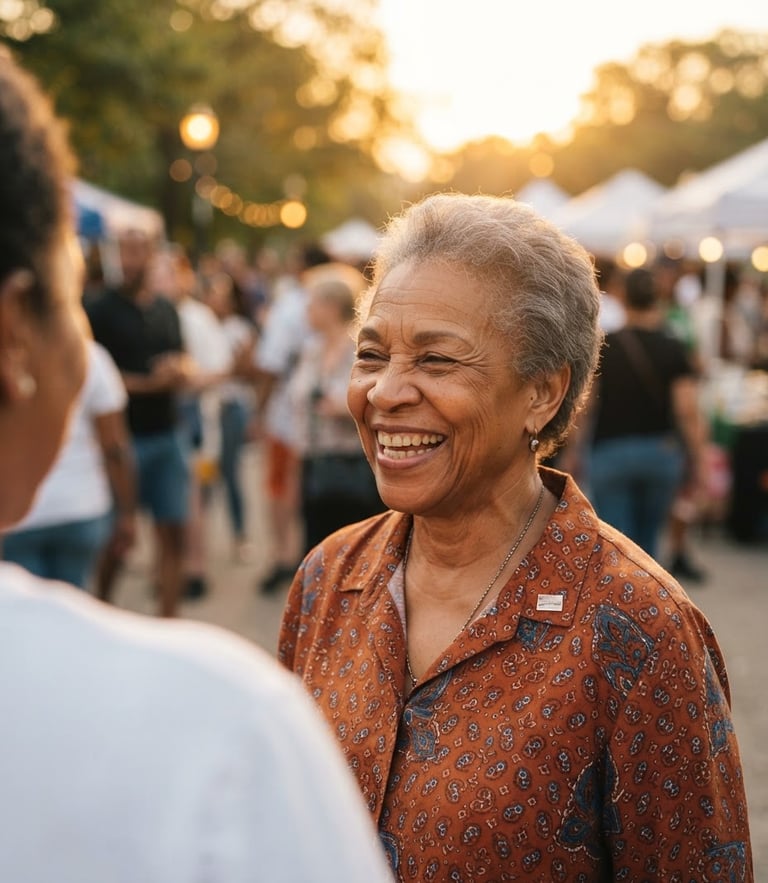 A warm candid portrait of a Missouri community leader smiling outdoors during golden hour, soft natural light, rich human tones, shallow depth of field.