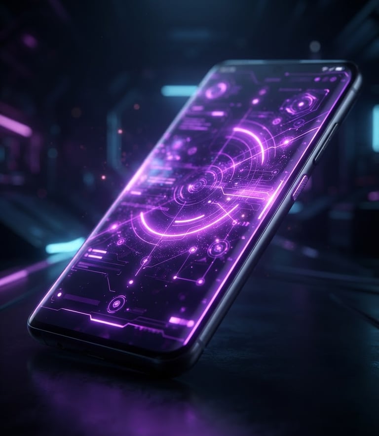 Sleek 3d digital render of an Android device mockup, angled isometric view showing a glowing neon-violet interface, dark futuristic aesthetic, macro depth of field