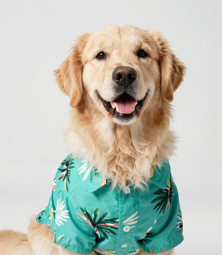 A happy fluffy golden retriever wearing a bright teal tropical print shirt, looking directly at the camera with a big smile, high-key natural daylight, clean light grey background, 35mm