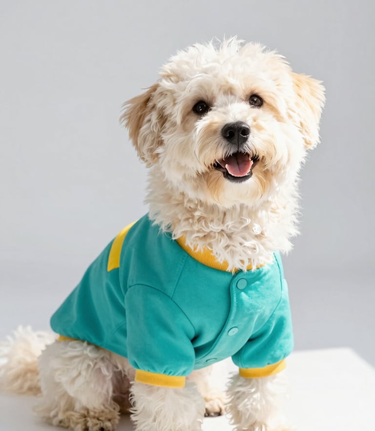 bright high-key pet photography, soft natural daylight, a happy fluffy dog wearing a colorful custom-tailored teal shirt looking up, clean grey background, shallow depth of field, 35mm