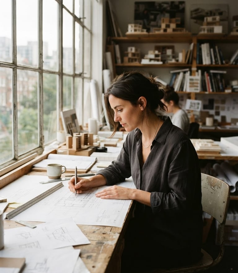 A quiet, high-contrast portrait of a creator in a sunlit architectural studio, soft natural window light, muted organic tones, 35mm film.