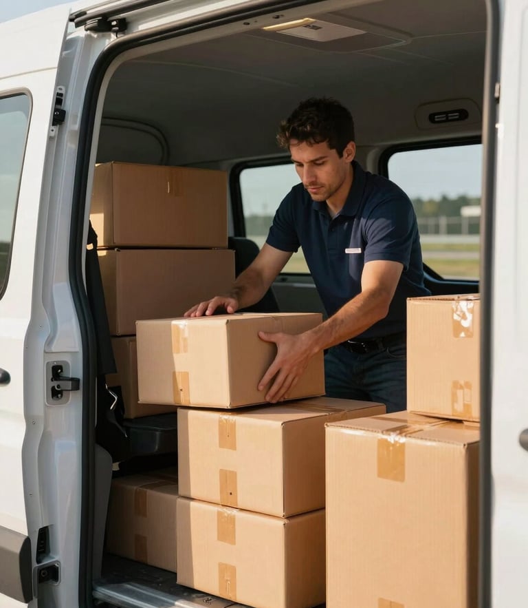 Close-up of a professional driver securing packages inside a clean commercial transport van, bright daylight, organized cargo.