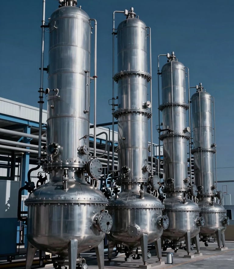 Wide environmental shot of a high-tech chemical manufacturing facility, cool crisp studio lighting, deep blue and slate gray tones, sharp focus on stainless steel reactors, 35mm