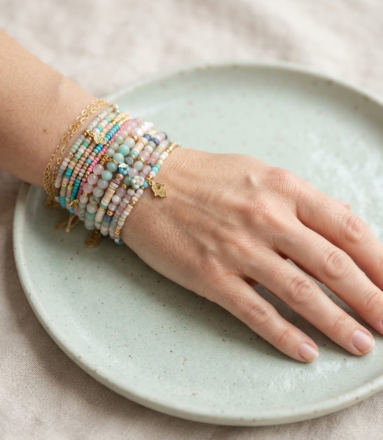 Macro close-up of hands wearing stacked bead bracelets, resting on a pastel ceramic plate, natural daylight.