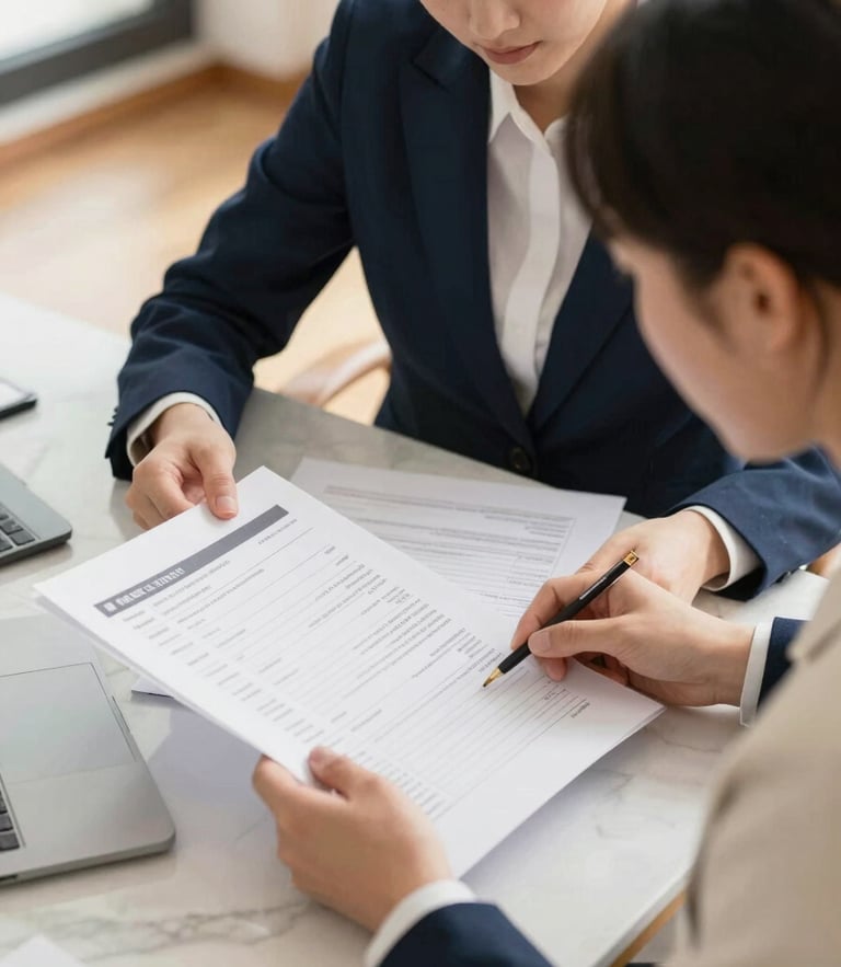A focused young professional reviewing academic transcripts and visa documents at a clean marble desk, warm natural light, sophisticated navy tones, shallow depth of field, 35mm editorial style.