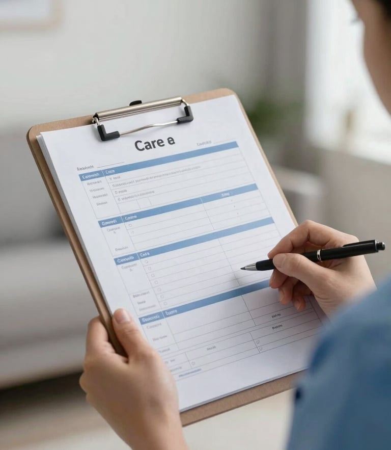 Close-up of a professional care worker's clipboard showing structured care plan templates, clean domestic background, natural overcast light