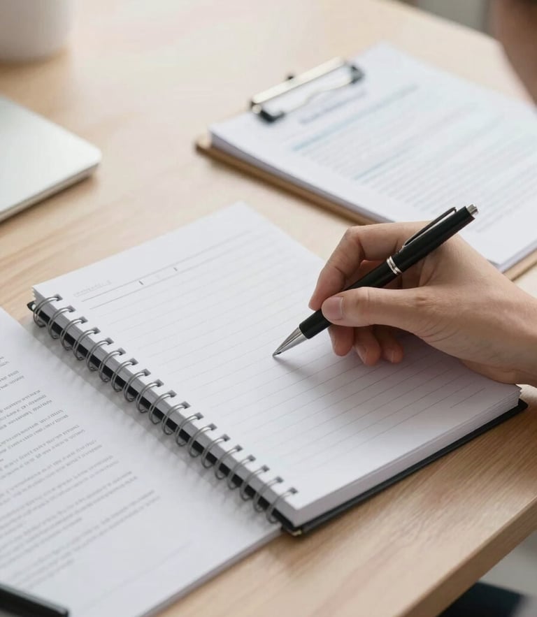 A clean, bright, natural overcast daylight photo of a professional social worker's structured notebook, a pen, and clinical documents resting on a light wooden table, highly organized layout.