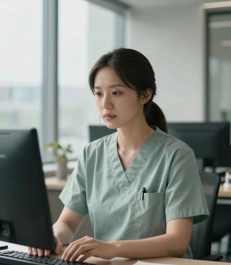 An editorial portrait of a focused, calm clinical practitioner in a modern, sunlit office with architectural lines, 35mm lens.