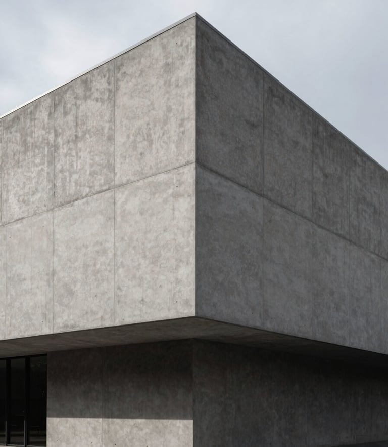Wide architectural angle of a modern concrete building facade with clean geometric lines, dramatic overcast side lighting and deep shadows, sober editorial style, 35mm lens