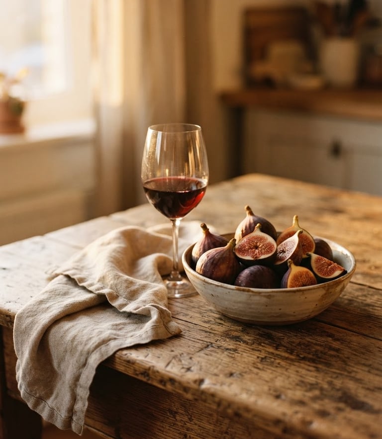 A close-up of a rustic wooden kitchen table in warm golden-hour light, a half-filled wine glass, a linen napkin, and a bowl of fresh figs, shallow depth of field, 35mm film grain.