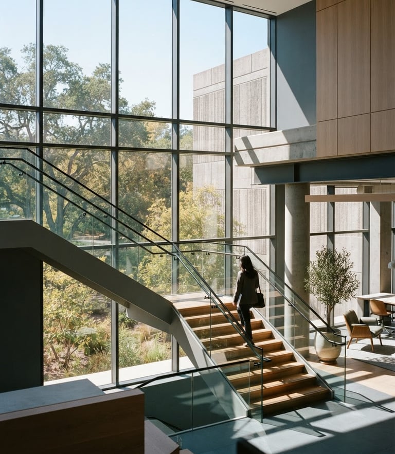 Architectural detail of a modern California office building, bright natural daylight filtering through large windows, clean lines, muted slate tones, 35mm.