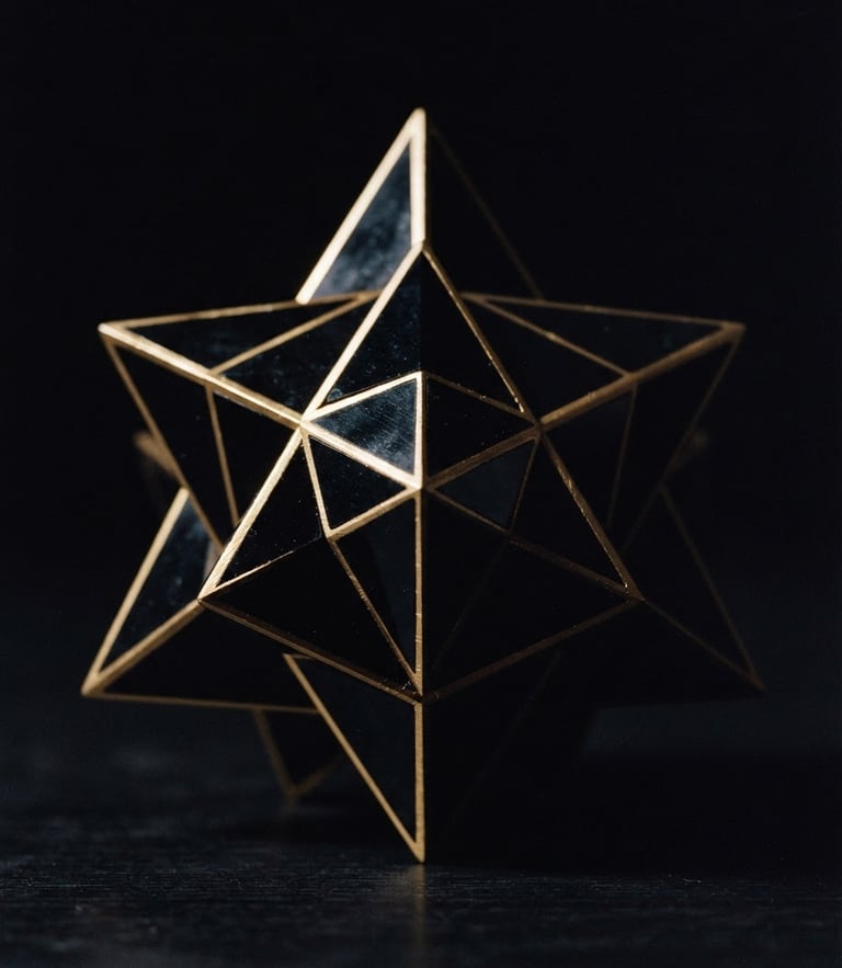 Dramatic low-key macro shot of a precise geometric crystal sculpture, sharp directional light hitting gold-brushed edges, deep obsidian shadows, 35mm film