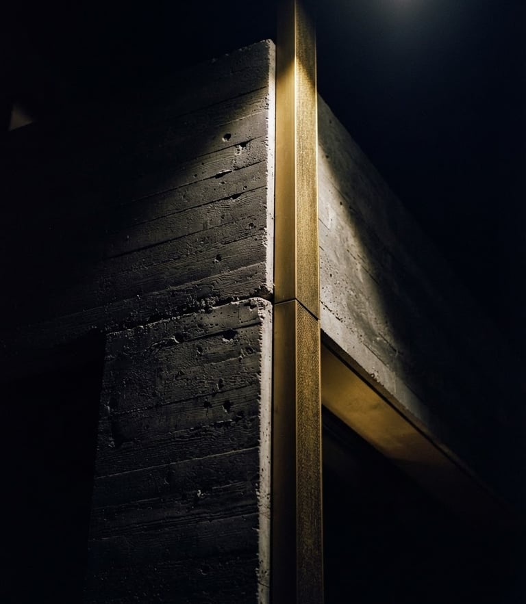 Dramatic low-key architectural detail of a modern concrete facade, sharp directional light, deep obsidian and gold tones, 35mm film