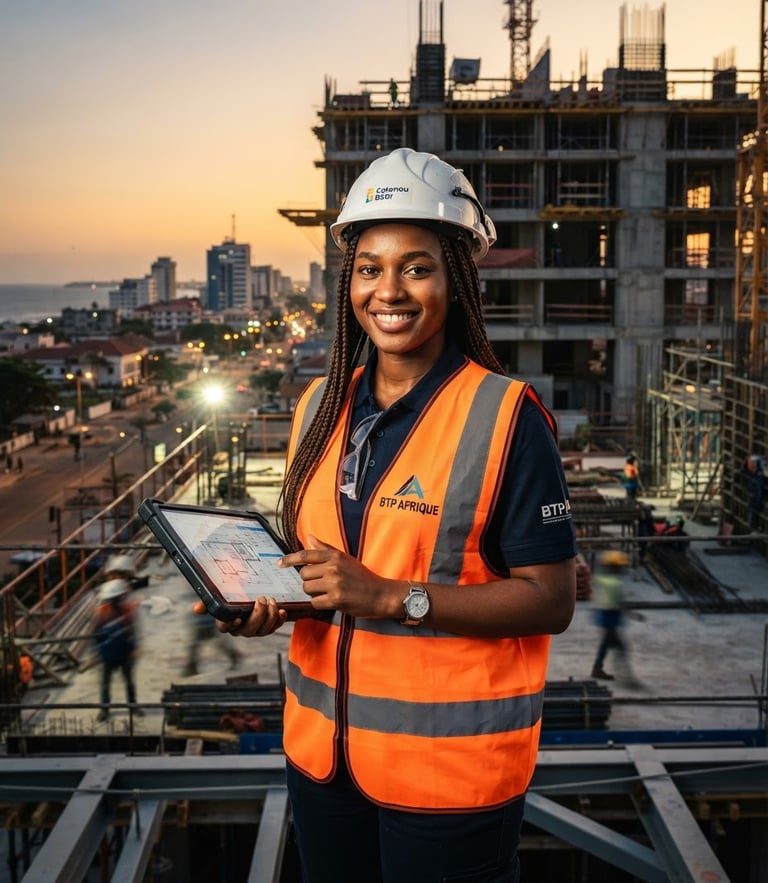 Portrait ultra-réaliste d'une jeune conductrice de travaux africaine, casque blanc de sécurité, gilet de chantier réfléchissant orange, tenant une tablette numérique dans les mains, souriante et confiante sur un chantier moderne à Cotonou au coucher du soleil, style photographique architectural haut de gamme.