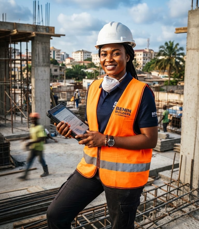 Portrait héroïque d'une jeune conductrice de travaux béninoise en gilet de sécurité et casque blanc, tenant une tablette numérique sur un chantier de construction moderne à Cotonou, lumière du jour contrastée, style architectural.