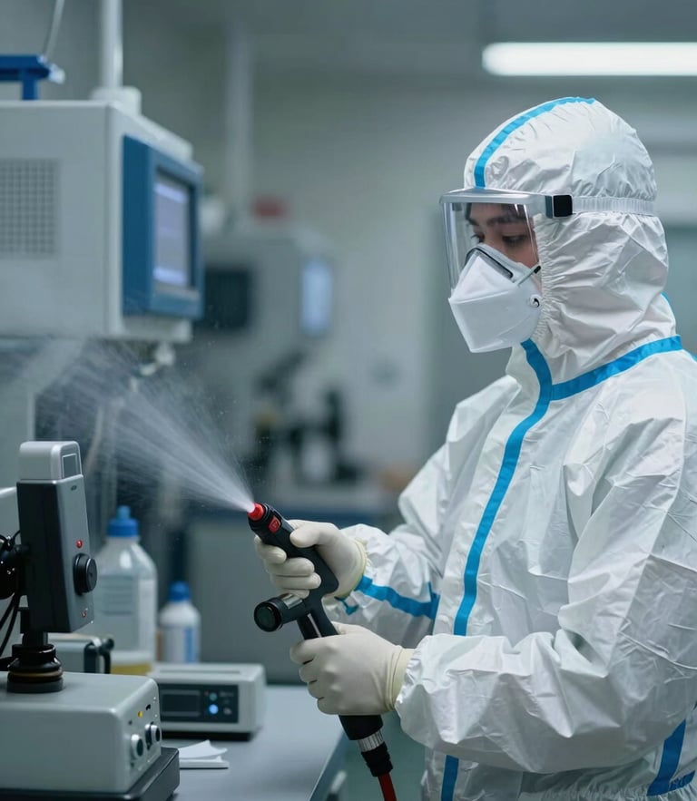 Técnico de bioseguridad con traje de protección autónomo y máscara aplicando desinfección técnica en un espacio industrial de Bogotá, iluminación azul de alta tecnología, enfoque nítido en el equipo de aspersión.