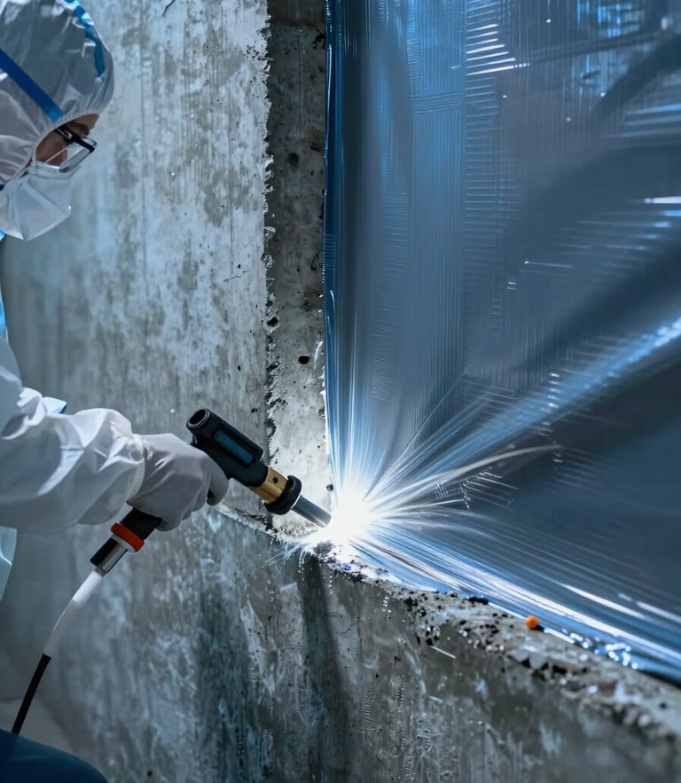 Close-up of a professional technician in clean protective gear applying high-grade waterproofing membrane to a concrete basement joint, cool blue ambient light with sharp white highlights on the application tool, high-contrast structural detail.