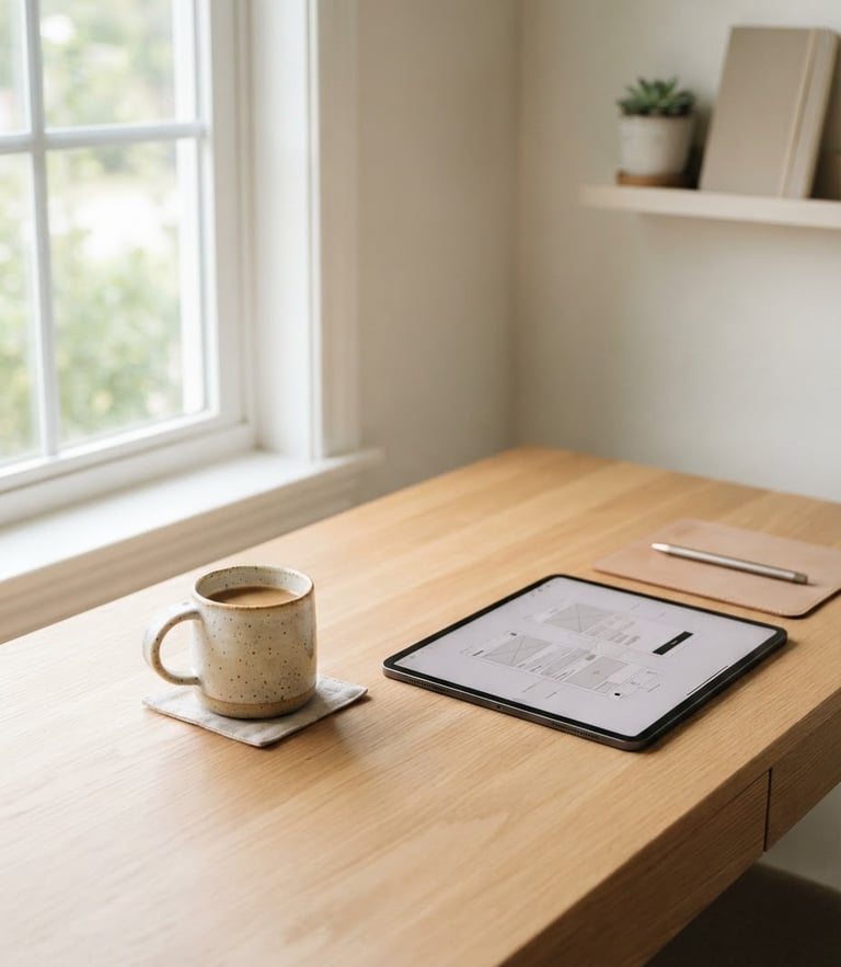 Minimalist desk with a ceramic cup, soft natural light from a window, a tablet showing a clean wireframe, warm neutral tones, editorial photography.
