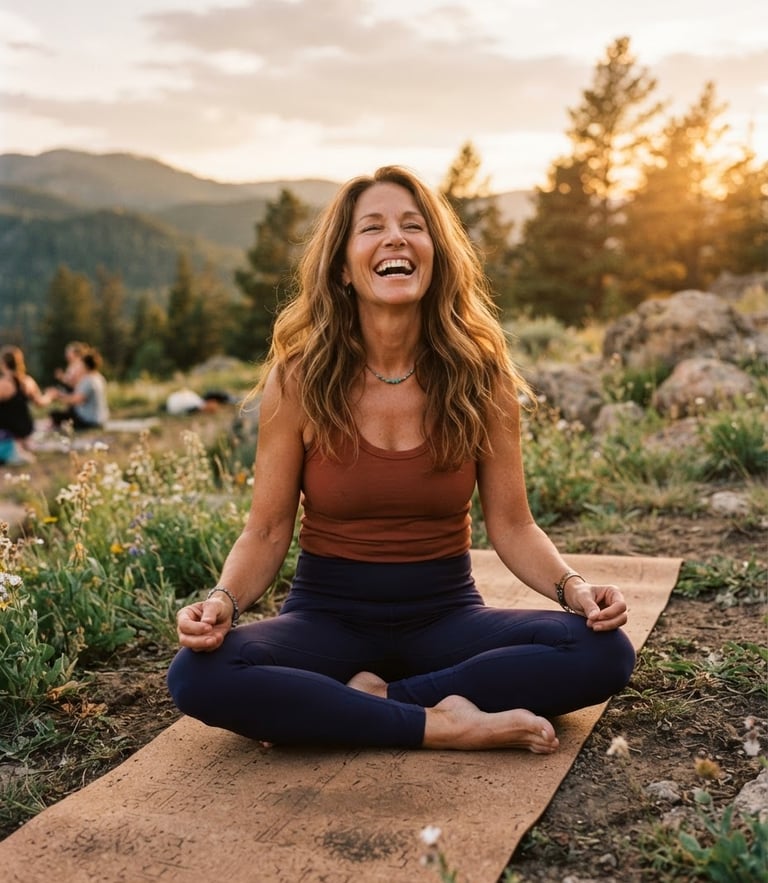 Warm mystical photography of a radiant midlife woman laughing during an outdoor yoga session at golden hour, 35mm film style, deep cosmic indigo and warm terracotta tones