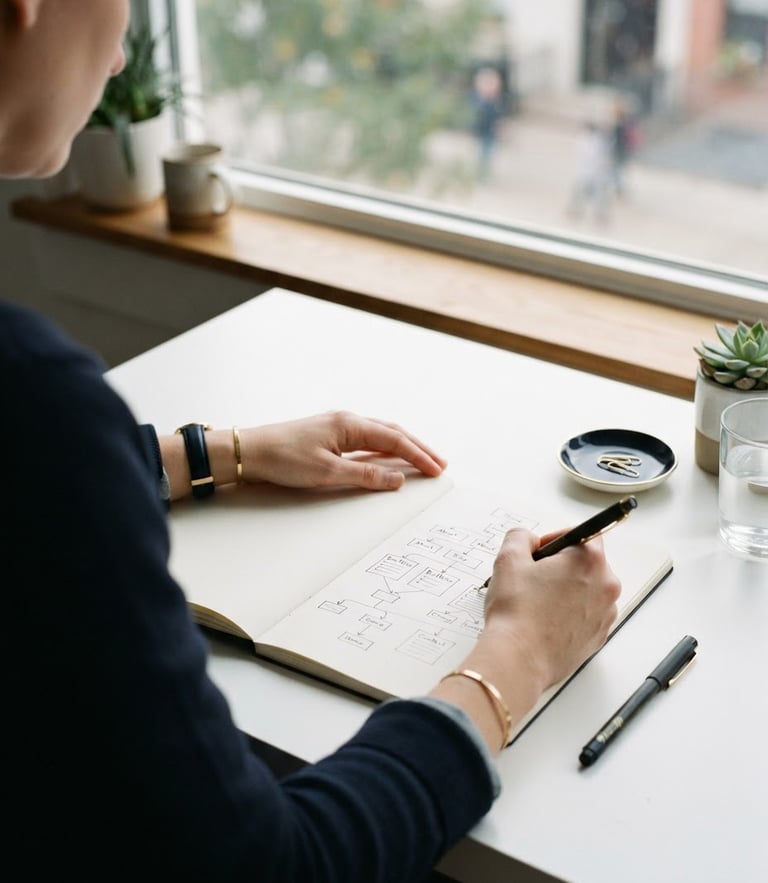 Over-the-shoulder workspace view, crisp white desk, open notebook with hand-drawn site architecture, soft natural window light, editorial feel, 35mm