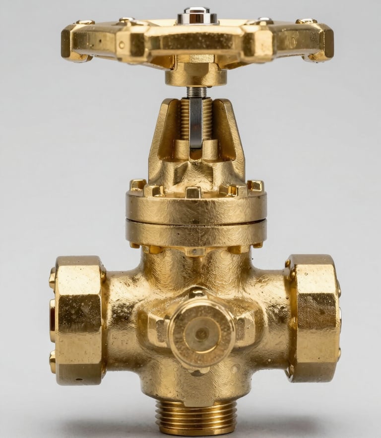 High-resolution macro shot of a heavy-duty industrial brass gate valve, bright neutral studio lighting revealing clean metallic textures and precise thread details, orthographic front-facing view, plain light gray background.