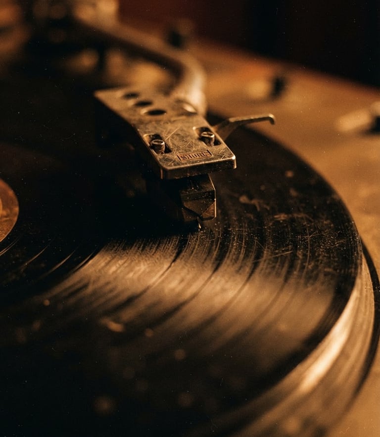 Macro close-up of a dusty turntable needle resting on worn vinyl grooves under warm ember lighting, gritty 35mm film grain.