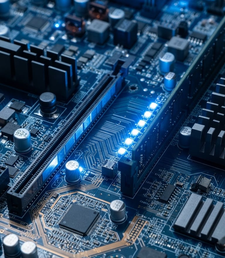 Close-up of clean motherboard circuits with glowing blue LED indicator lights, sharp focus, high-precision technical photography