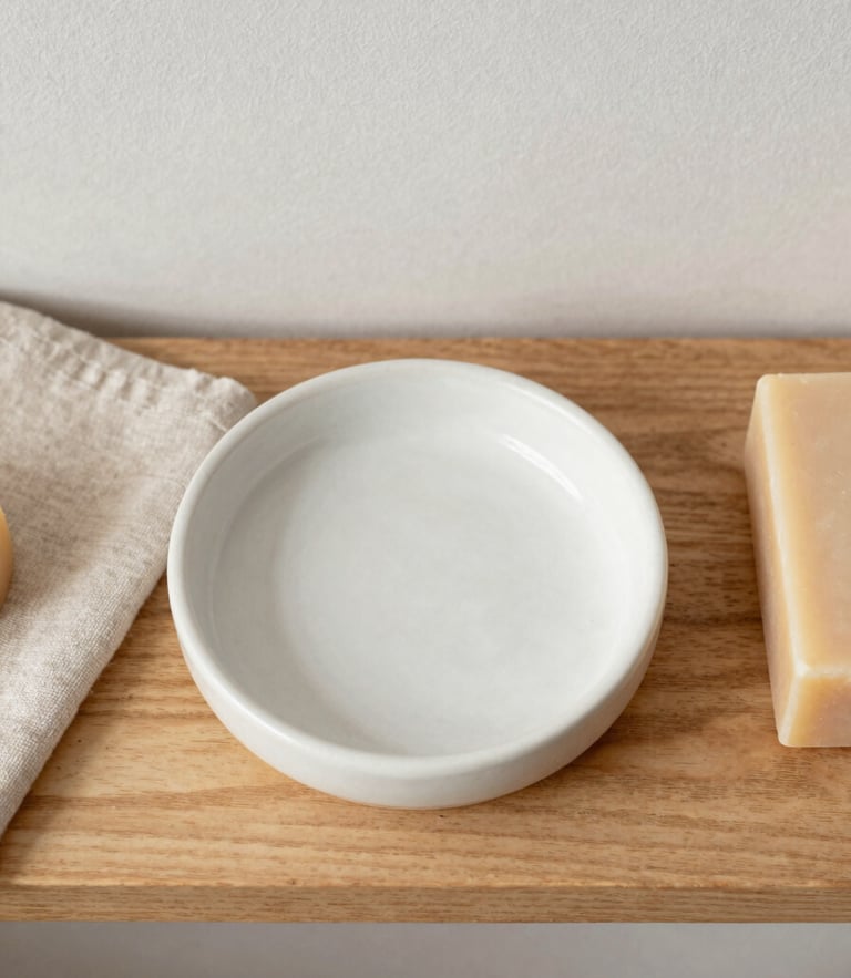 Overhead flat-lay of a wooden shelf with a ceramic soap dish, textured linen cloth, and a bar of body soap under soft morning light.