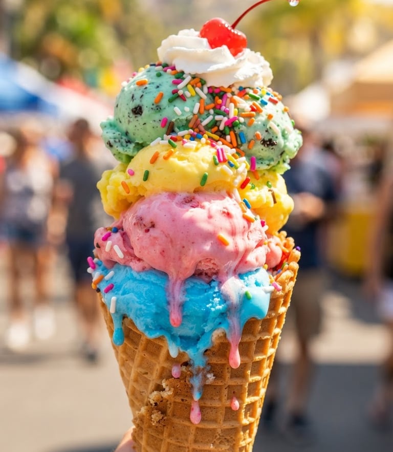Close-up of a towering, colorful ice cream cone with pink and blue scoops dripping slightly in bright natural sunlight, macro shot, 50mm lens