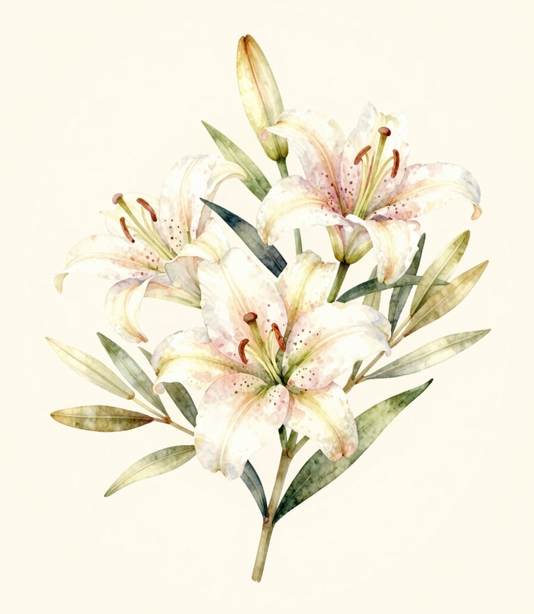 Watercolor illustration of delicate white lilies and soft green olive branches on a warm ivory paper background, soft diffused golden hour light