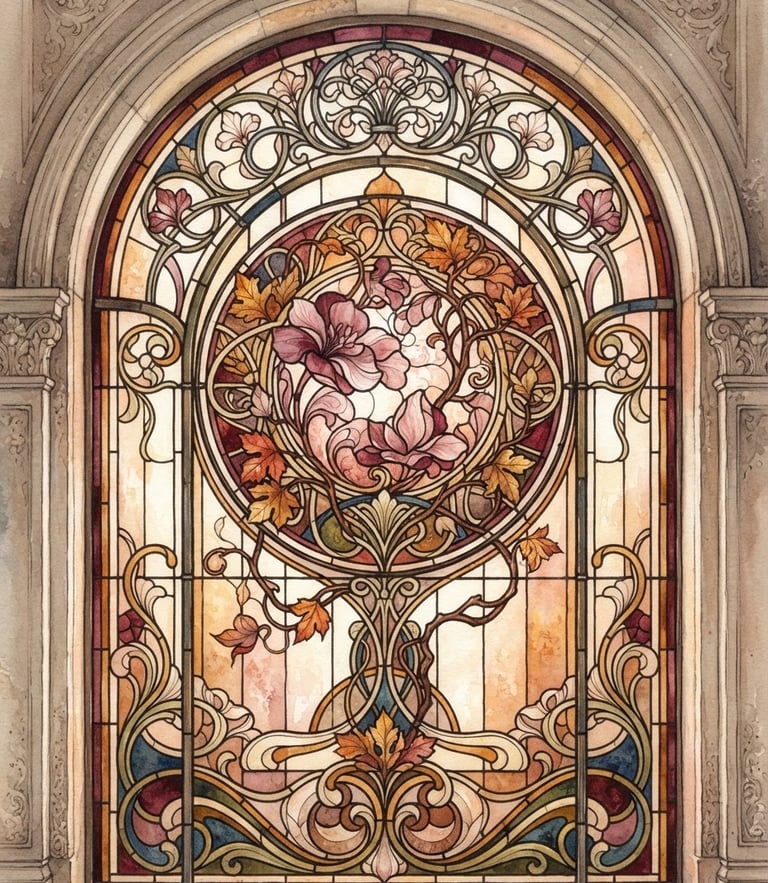 Watercolor illustration of a classical stained glass window arch, soft autumn light filtering through, delicate burgundy and dusty rose petals, elegant art nouveau style.