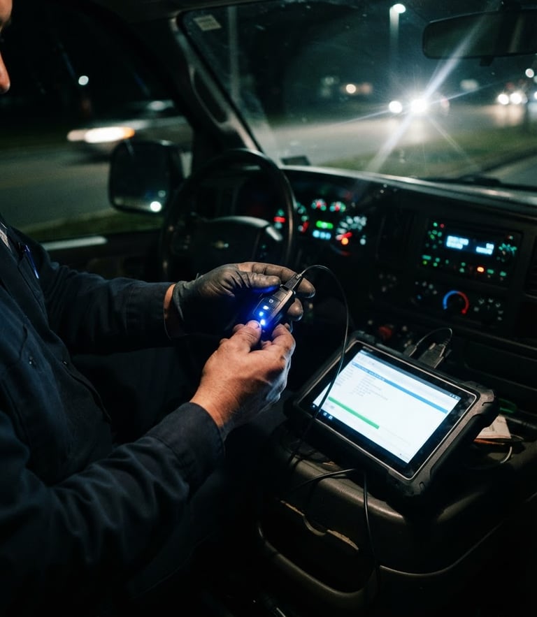 A close-up of a technician's hands programming a glowing transponder key fob inside a mobile service van at night, dashboard screens illuminated in the background