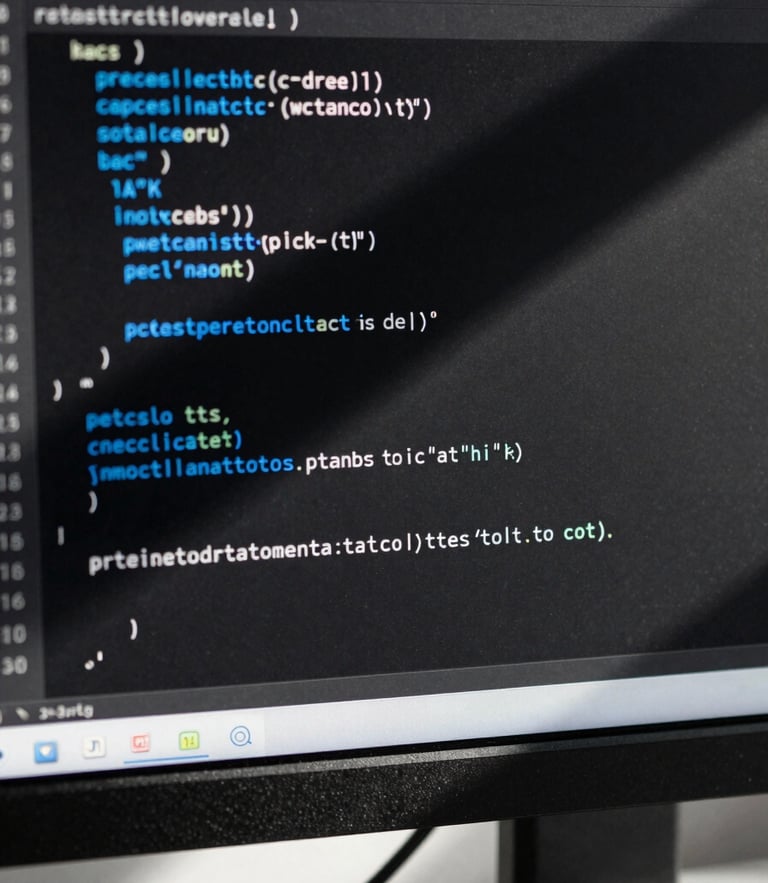 Macro close-up of clean, structured CSS code displayed on an ultra-high-resolution screen, dramatic side daylight casting sharp geometric shadows across the monitor bezel, monochrome with electric blue code highlights.