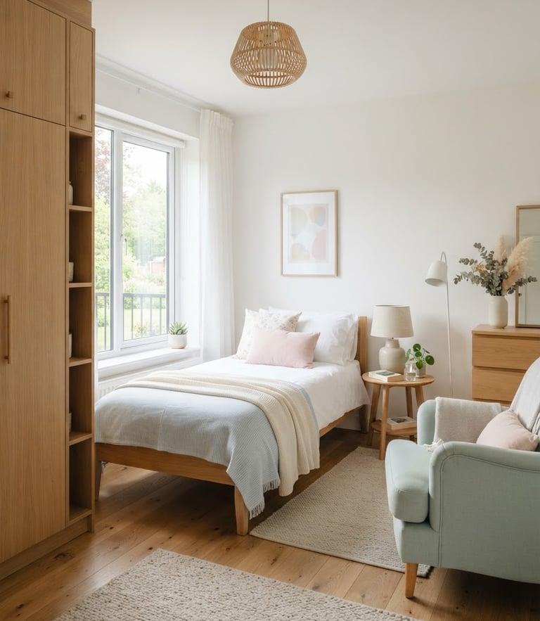 Bright Scandinavian interior of a senior room, soft natural daylight, clean white and pastel tones, high-end architectural lens, showing a beautifully prepped room with a wooden wardrobe and bed