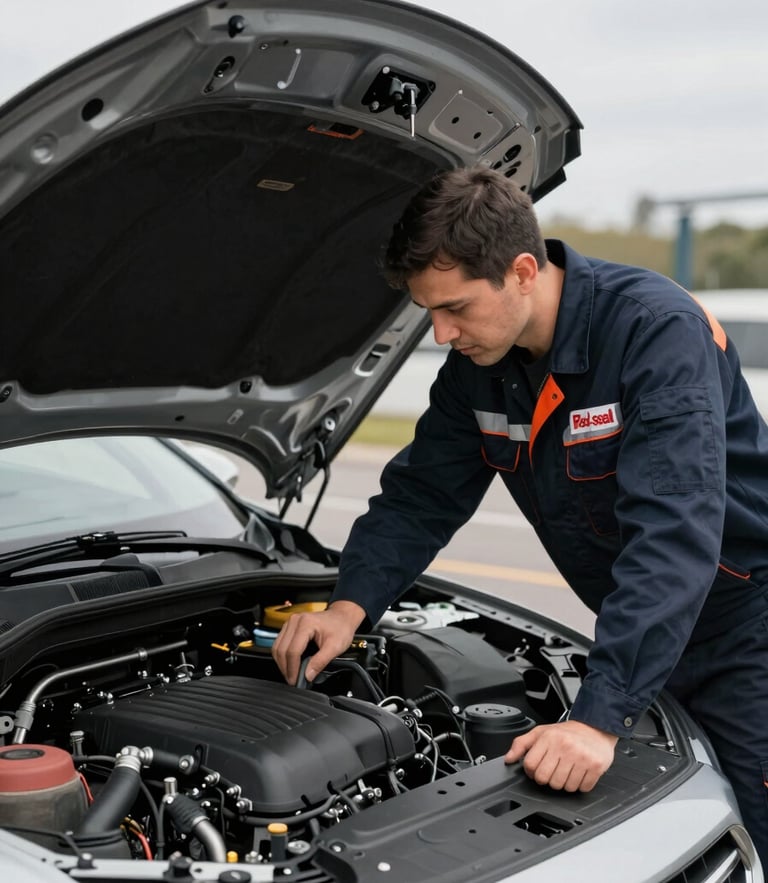 A Red-Seal mechanic in a clean dark navy uniform inspecting a car engine bay under an open hood, crisp overcast daylight, professional, 35mm