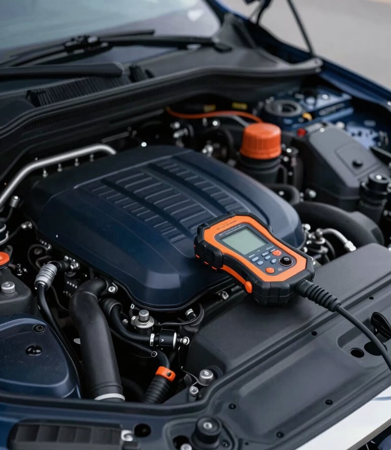 Crisp outdoor photography of a clean engine bay with a diagnostic tool connected, overcast daylight, deep navy tones, sharp focus, 35mm