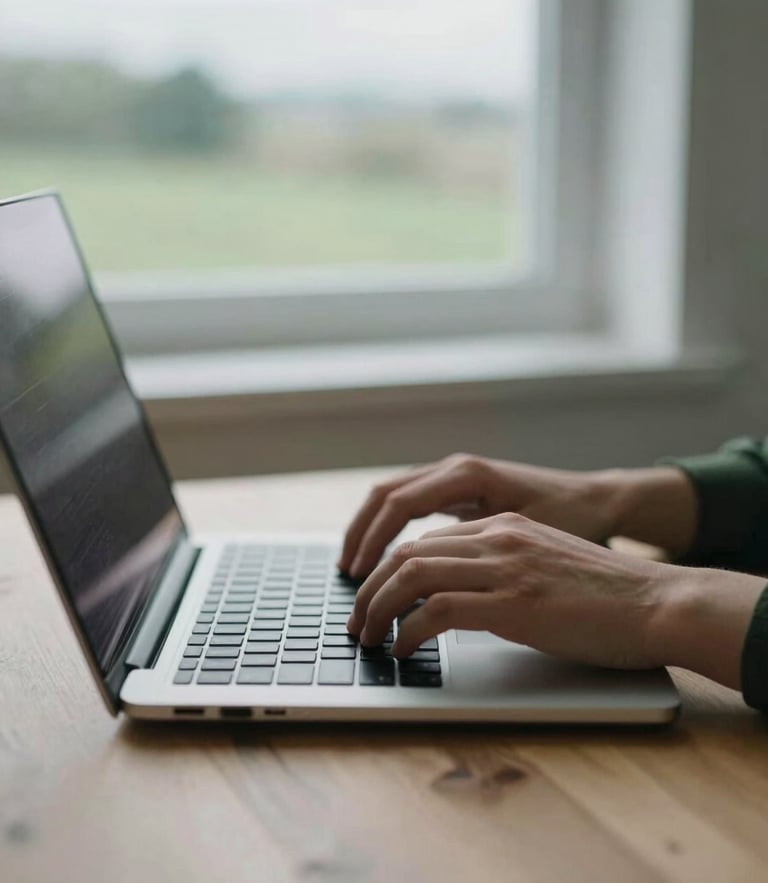 Close-up of hands setting up a modern laptop on a clean wooden desk, soft overcast Scottish morning light through a window, shallow depth of field, 35mm