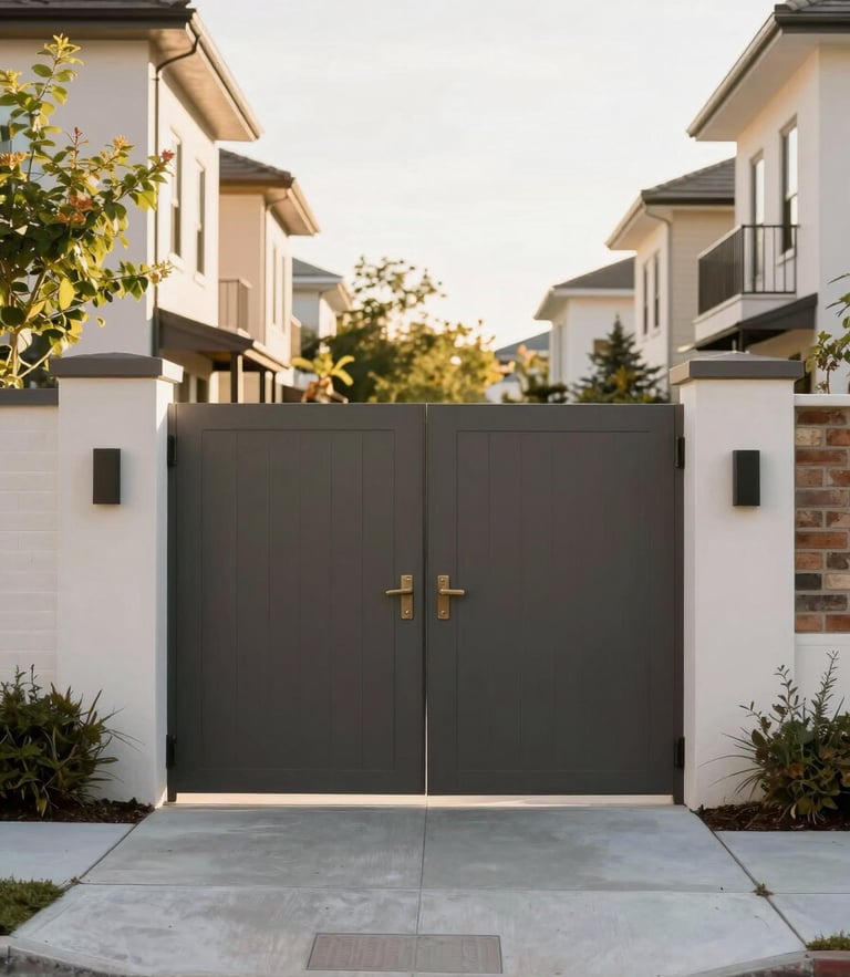 Bright natural afternoon light on the clean architectural entrance gates of a modern residential neighborhood, warm editorial style, 35mm.