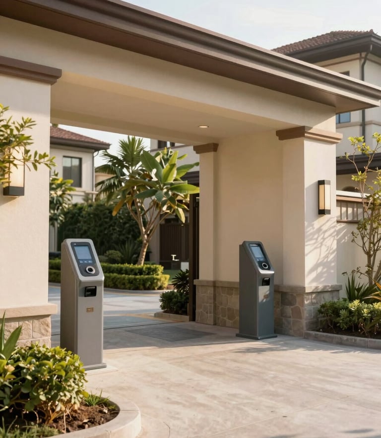 Bright afternoon sunlight casting soft shadows on a beautifully landscaped gated community entrance with modern security kiosks, 35mm photography