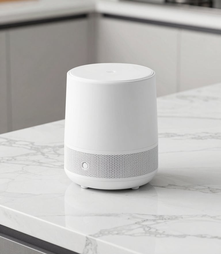 Bright high-key product photography of the smart home utility gadget on a clean marble countertop, crisp studio lighting, 35mm