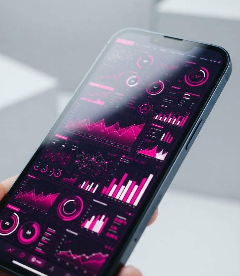 A close-up of a modern smartphone displaying a high-speed business website, vibrant magenta accents, bright clean studio lighting, sharp focus, 35mm
