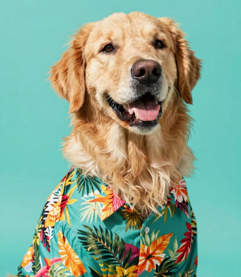 A joyful golden retriever wearing a colorful handmade tropical shirt, bright natural daylight, vibrant teal background, eye-level shot