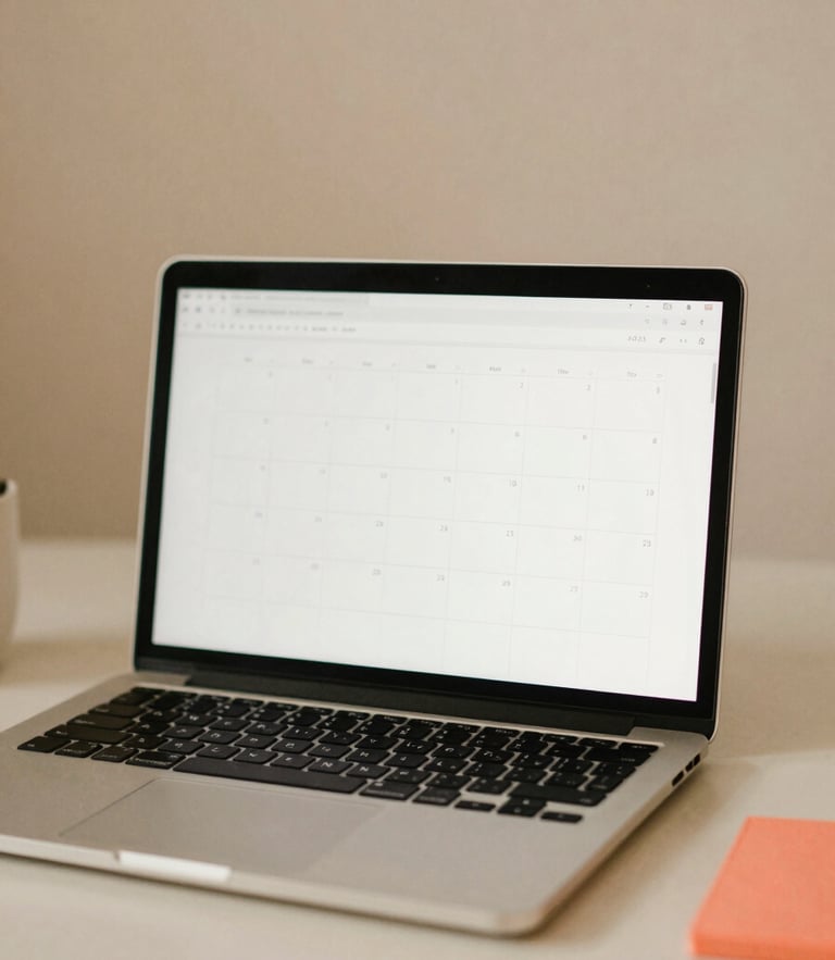 Warm editorial close-up of a minimalist organized workspace with a laptop showing a clean calendar, soft morning daylight, beige tones, 35mm photography