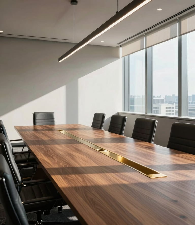 Architectural shot of a modern office conference room, natural light streaming across a long solid walnut table, minimalist brass detailing, structured layout.