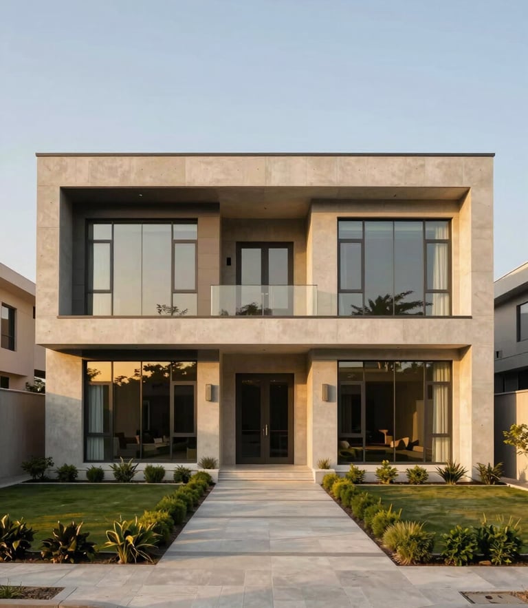 Symmetrical architectural shot of a modern luxury villa in DHA Phase 8, clean concrete lines, warm golden-hour sunlight reflecting off expansive glass windows, manicured minimalist landscaping, sharp focus