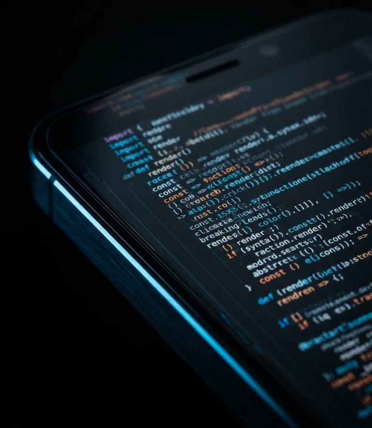 Macro close-up of a high-end dark slate smartphone showing clean code lines reflecting off a polished glass screen, low-key cyber blue edge highlights